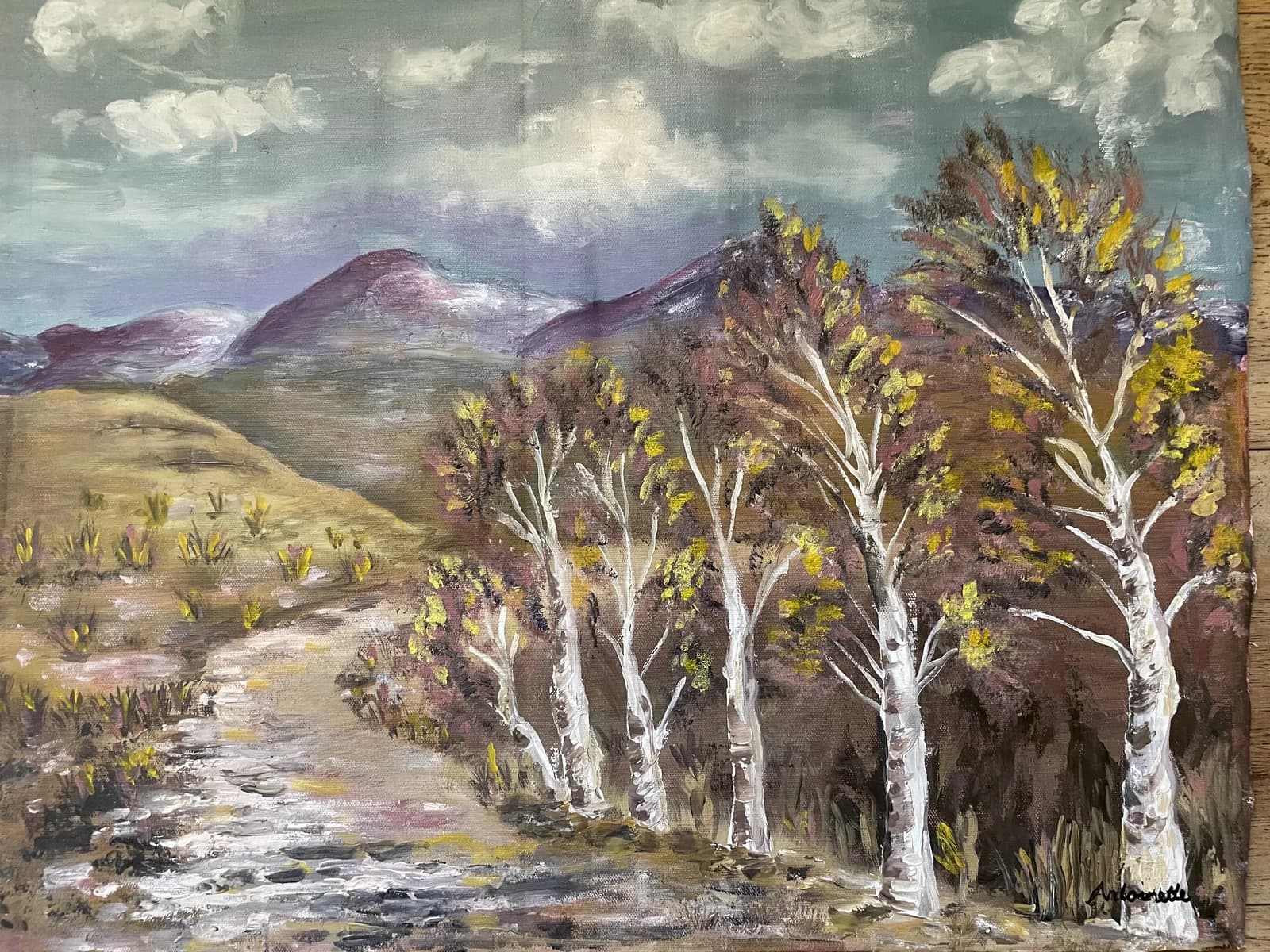 Autumn landscape painting with golden poplar trees lining a stream near Rhodes in the Eastern Cape, purple mountains in background