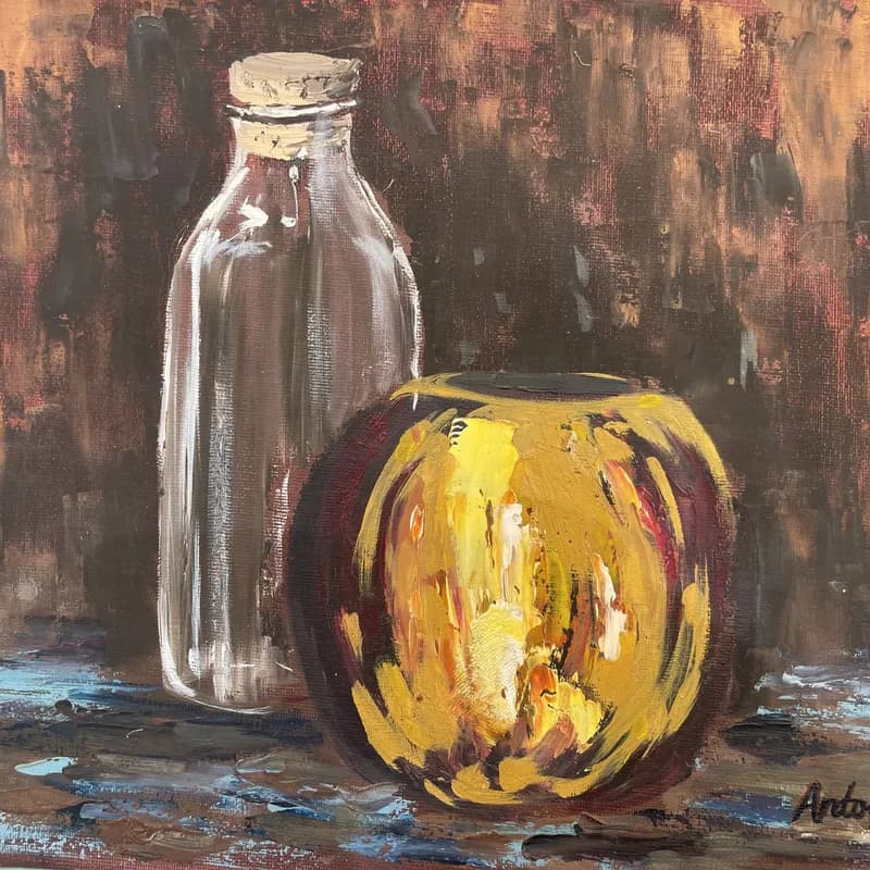 Still life oil painting of a clear glass bottle next to a brass jar against brown textured background