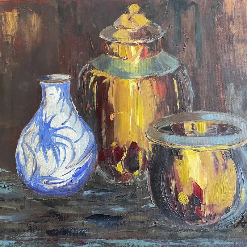 Oil painting of brass containers and blue ceramic vase arranged as still life against brown background