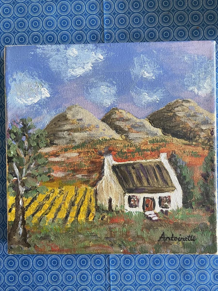 Painting of Cape Dutch cottage with vineyards and mountains in background