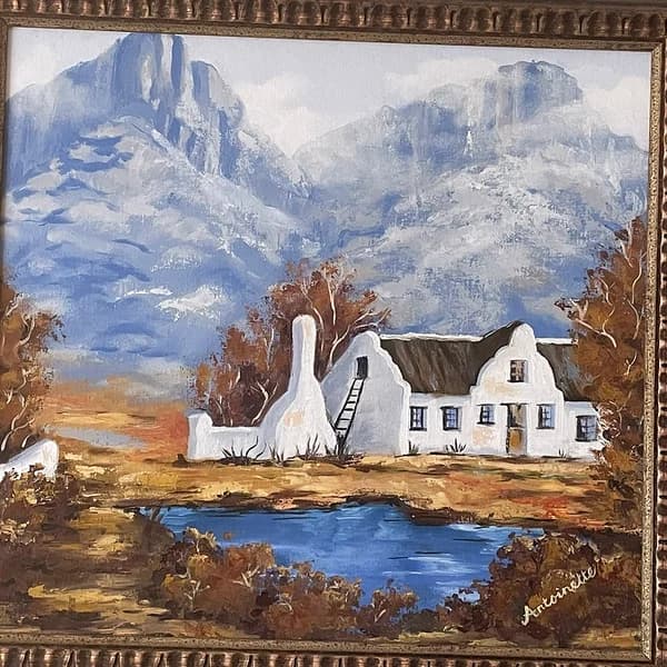 Painting of white Cape Dutch homestead reflected in blue dam with autumn trees and mountains