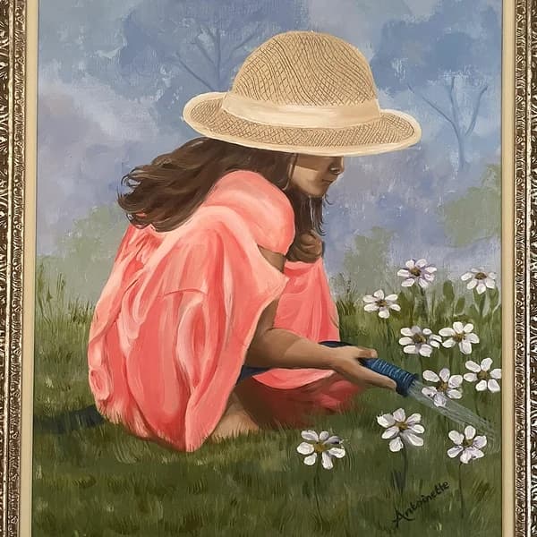 Painting of a young girl in coral pink dress and straw hat picking white daisies in a meadow