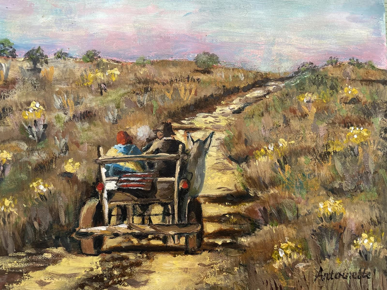 Painting of a donkey cart on a dirt road through the Karoo with yellow flowers and pink sky