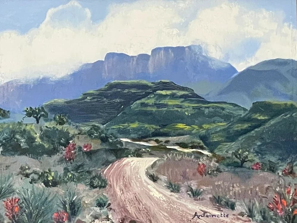 Painting of a winding dirt road with red proteas toward dramatic Drakensberg mountains
