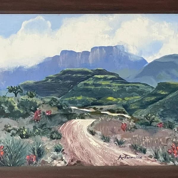 Painting of a winding dirt road with red proteas toward dramatic Drakensberg mountains
