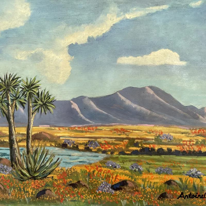 Original painting of Namaqualand spring flowers with quiver trees, mountains, and orange wildflowers under a cloudy sky