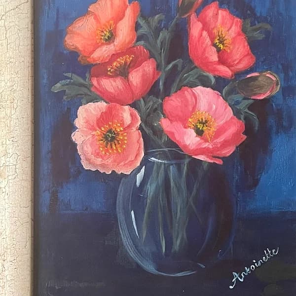 Painting of pink poppies in a clear glass vase against a deep blue background