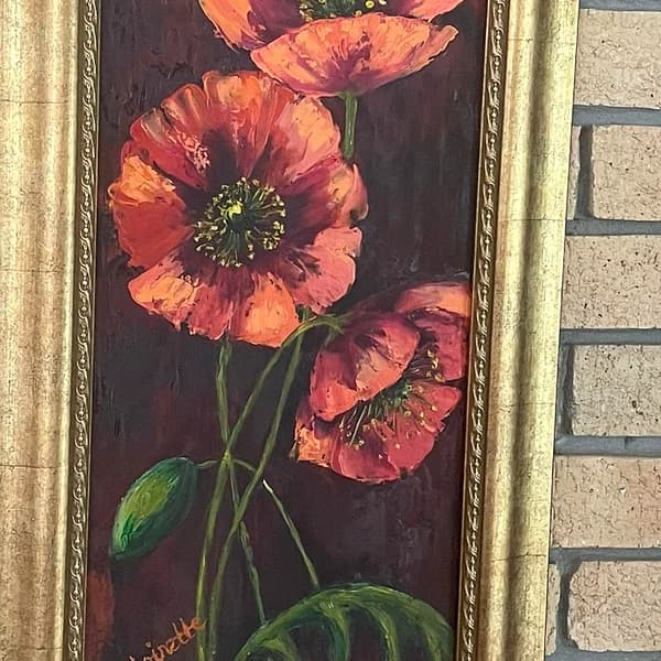 Vertical painting of three red poppies with buds against a dark burgundy background