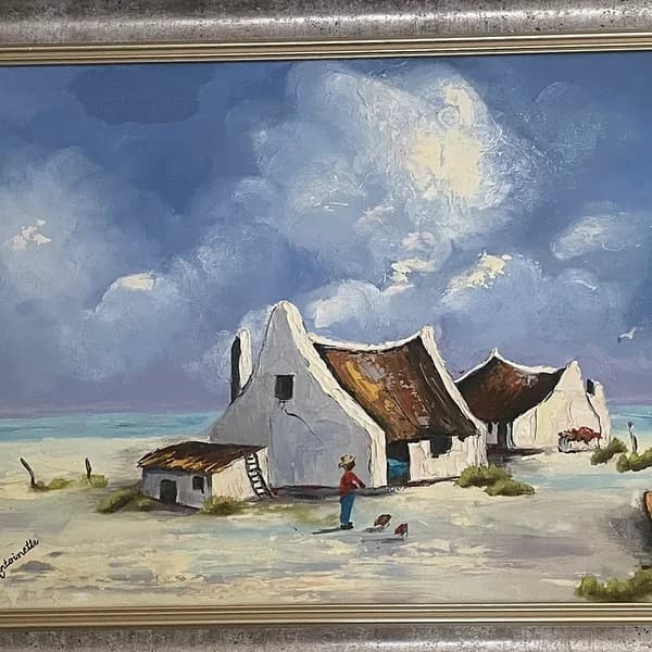 Painting of white fishermen's cottages with rusted roofs, chickens, and a wooden boat under dramatic clouds